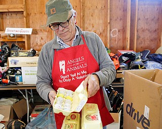 Volunteer Bill Varga of Columbiana arranges golf balls and other sports equipment up for sale at Angels For Animals 25th annual Gigantic Garage Sale, set for Friday through Sunday, at the Canfield Fairgrounds.