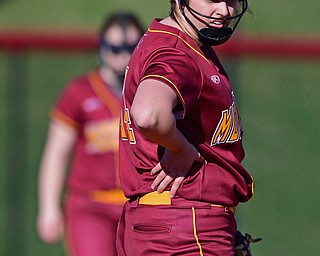 YOUNGSTOWN, OHIO - APRIL 9, 2019: Mooney starting pitcher Maddie Filisky reacts after allowing a solo home run to Ursuline's Julia Nutter in the second inning of Tuesday afternoons game at Youngstown State Softball Complex. DAVID DERMER | THE VINDICATOR