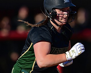 YOUNGSTOWN, OHIO - APRIL 9, 2019: Ursuline's Julia Nutter runs to first after hitting an RBI-single in the third inning of Tuesday afternoons game at Youngstown State Softball Complex. DAVID DERMER | THE VINDICATOR