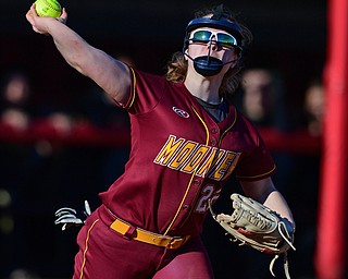 YOUNGSTOWN, OHIO - APRIL 9, 2019: Mooney's CJ Sapp throws to first in an unsuccessful attempt to get out Ursuline's Macy Ross in the third inning of Tuesday afternoons game at Youngstown State Softball Complex. A run would score on the play. DAVID DERMER | THE VINDICATOR
