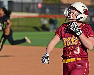 YOUNGSTOWN, OHIO - APRIL 9, 2019: Mooney's Carly Francis reacts after grounding out to end the fifth inning of Tuesday afternoons game at Youngstown State Softball Complex. DAVID DERMER | THE VINDICATOR