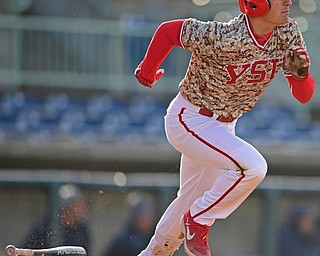 NILES, OHIO - APRIL 10, 2019: Youngstown State's Lucas Nasonti runs to first after hitting a single in the first inning of Wednesday nights game against Toledo at Eastwood Field. Youngstown State won 5-3. DAVID DERMER | THE VINDICATOR
