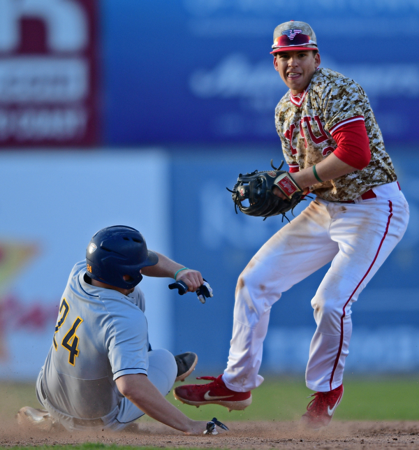 NILES, OHIO - APRIL 10, 2019: Youngstown State's Phillip Glasser looks to first after forcing out Toledo's Trace Hatfield at second base in the sixth inning of Wednesday nights game at Eastwood Field. Youngstown State won 5-3. DAVID DERMER | THE VINDICATOR