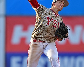 NILES, OHIO - APRIL 10, 2019: Youngstown State's Phillip Glasser throws to first to get out Toledo's Brad Boss in the seventh inning of Wednesday nights game at Eastwood Field. Youngstown State won 5-3. DAVID DERMER | THE VINDICATOR