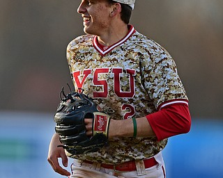 NILES, OHIO - APRIL 10, 2019: Youngstown State's Phillip Glasser smiles while running off the field after throwing out Toledo's Brad Boss at first base in the seventh inning of Wednesday nights game at Eastwood Field. Youngstown State won 5-3. DAVID DERMER | THE VINDICATOR