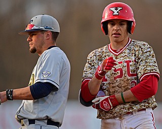 NILES, OHIO - APRIL 10, 2019: Youngstown State's Phillip Glasser stays at first base after hitting a RBI-single in the seventh inning of Wednesday nights game against Toledo at Eastwood Field. Youngstown State won 5-3. DAVID DERMER | THE VINDICATOR