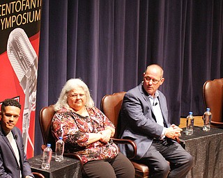 Survivors and family members of mass tragedies spoke Thursday at the Youngstown State University Centofanti Symposium at Stambaugh Auditorium. From left, Kaitlin Roig, a former Sandy Hook teacher in Newtown, Conn.; Brandon Wolf, a survivor of the Pulse nightclub shooting in Orlando; Susan Bro, the mother of Heather Heyer, who was killed in Charlottesville, Va., by a white supremacist; Fred Guttenberg, whose daughter was killed in the Parkland, Fla., school shooting; and Sue Klebold, mother of Dylan Klebold, one of the Columbine High School shooters in Colorado.