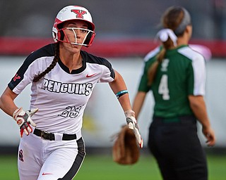 YOUNGSTOWN, OHIO - APRIL 12, 2019: Youngstown State's Lexi Zappitelli runs to third before going home to score on a RBI-double by Grace Cea in the third inning of their game, Friday night against Cleveland State at the Youngstown State softball complex. Youngstown State won 3-0. DAVID DERMER | THE VINDICATOR