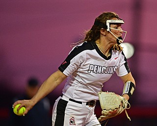 YOUNGSTOWN, OHIO - APRIL 12, 2019: Youngstown State starting pitcher Addy Jarvis delivers in the sixth inning of their game, Friday night against Cleveland State at the Youngstown State softball complex. Youngstown State won 3-0. DAVID DERMER | THE VINDICATOR