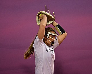 YOUNGSTOWN, OHIO - APRIL 12, 2019: Youngstown State starting pitcher Addy Jarvis delivers in the sixth inning of their game, Friday night against Cleveland State at the Youngstown State softball complex. Youngstown State won 3-0. DAVID DERMER | THE VINDICATOR
