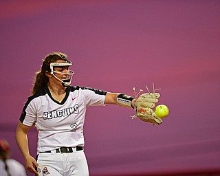 YOUNGSTOWN, OHIO - APRIL 12, 2019: Youngstown State starting pitcher Addy Jarvis smiles after a strike out in the sixth inning of their game, Friday night against Cleveland State at the Youngstown State softball complex. Youngstown State won 3-0. DAVID DERMER | THE VINDICATOR