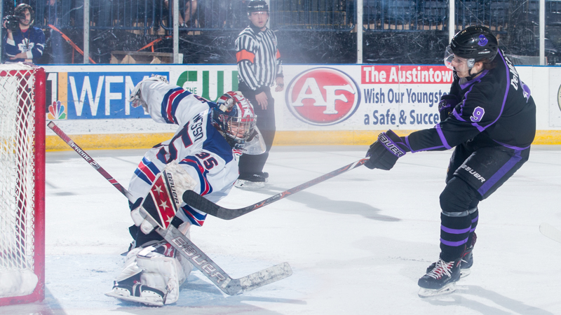 Youngstown Phantoms forward Matthew DeMelis, 9, scores on Team USA NTDP goalie Drew Commesso during the second period of play Saturday at the Covelli Centre. The Phantoms won 4-1.
