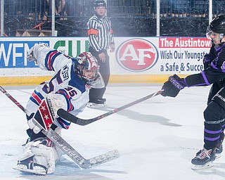Youngstown Phantoms forward Matthew DeMelis, 9, scores on Team USA NTDP goalie Drew Commesso during the second period of play Saturday at the Covelli Centre. The Phantoms won 4-1.