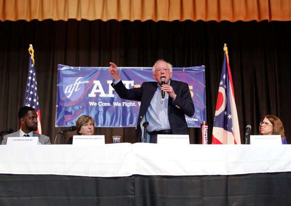 Sen. Bernie Sanders speaks during the union town hall at Lordstown High School Sunday afternoon. EMILY MATTHEWS | THE VINDICATOR