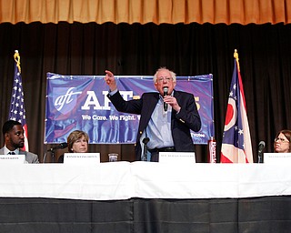 Sen. Bernie Sanders speaks during the union town hall at Lordstown High School Sunday afternoon. EMILY MATTHEWS | THE VINDICATOR