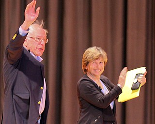 William D. Lewis the Vindicator  Sen Bernie sanders and Randi Weingrten AFT Pres enter 4-14-19 rally at Lordstown HS.