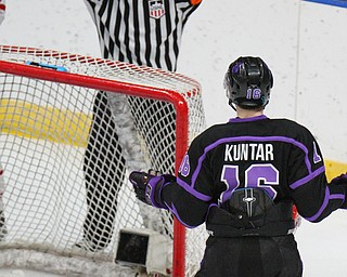 William D. Lewis The Vindicator Phantoms Trevor Kuntar(16)reacts when a 2nd period goal was called back. Dubuque goalie Matthew Thiessen(35) is on the ice during 4-15-19 action in Youngstown.