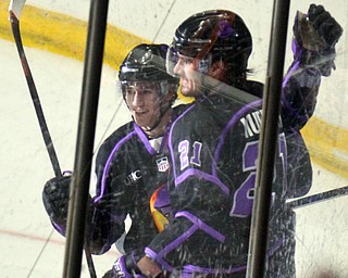 William D. Lewis The Vindicator Phantoms Brett Murray(21) gets congrats from Jack Malone(18) after scoring during 2nd period of4-15-19 action in Youngstown.