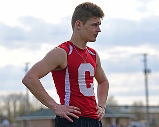 COLUMBIANA, OHIO - APRIL 16, 2019: Columbiana's Joey Bable waits for his jump during the boys long jump, Tuesday afternoon at Columbiana High School. DAVID DERMER | THE VINDICATOR