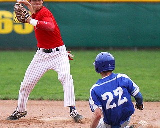 William D. Lewis The Vindicator Poland's Braden Olsen(22) is out at 2nd as Niles'Vincent Chieffo(11) turns  double play during 4-17 19 game at Niles.