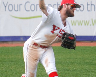 YSU's Jeff Wehler throws the ball in from left field during their second game against NKU on Thursday. EMILY MATTHEWS | THE VINDICATOR