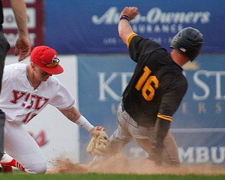 YSU's Drew Dickerson tags NKU's Will Haueter out at second during their second game on Thursday. EMILY MATTHEWS | THE VINDICATOR