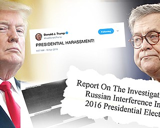 President Donald Trump, left, claimed victory when the Attorney General William Barr released the Mueller report in which Barr concluded neither the president nor his campaign was involved with the Russians to interfere in the 2016 presidential election.