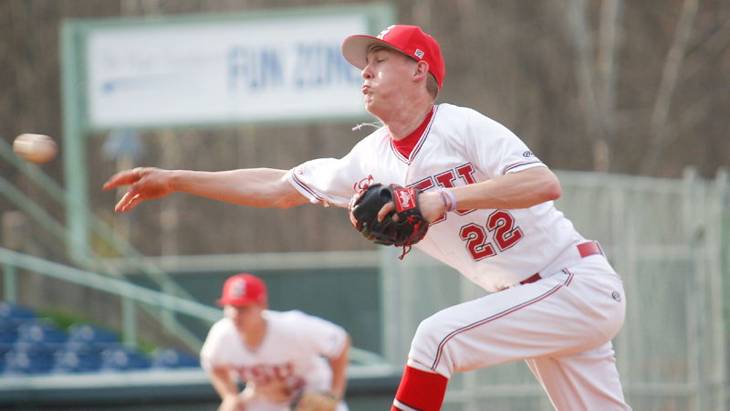 Youngstown State University's Brandon Matthews pitches during the Penguins second game against Northern Kentucky University on Thursday at Eastwood Field in Niles. The Penguins were swept in a doubleheader, 10-8 and 7-6.