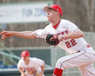 Youngstown State University's Brandon Matthews pitches during the Penguins second game against Northern Kentucky University on Thursday at Eastwood Field in Niles. The Penguins were swept in a doubleheader, 10-8 and 7-6.