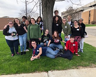 Neighbors | Submitted.Austintown Fitch High School students, from left, (front) Juan Gomez, Emily Wildman, Stephanie Mulligan, Conor Murphy; (back) Ashley Fannin, Elise Williams, Jadyn Glenn, Susanna Suy Trigg, Sadie Hager, Sujey Negrete, Alaina Kapturasky Dan Varley, Mackenzie Kuhns, Dan Shrader, Willow Keller and Jiana Gearo posed outside YSU for the annual English Festival.