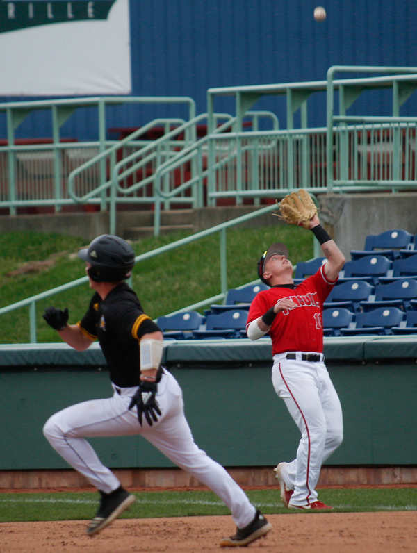 YSU's Drew Dickerson catches a fly ball hit by NKU's Collin Hohman during their game at Eastwood Field on Friday. EMILY MATTHEWS | THE VINDICATOR