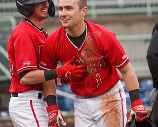YSU's Cameron Murray, left, and Lucas Nasonti celebrate after scoring during their game against NKU at Eastwood Field on Friday. EMILY MATTHEWS | THE VINDICATOR