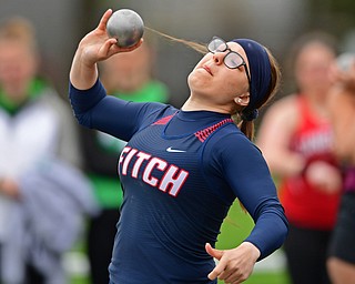 AUSTINTOWN, OHIO - APRIL 20, 2019: Fitch's Taylor Bailey throws during the girls shot put, Saturday morning during the Mahoning County Track & Field Championship Meet at Austintown Fitch High School. DAVID DERMER | THE VINDICATOR