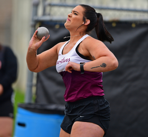 AUSTINTOWN, OHIO - APRIL 20, 2019: Boardman's Emily Carnahan throws during the girls shot put, Saturday morning during the Mahoning County Track & Field Championship Meet at Austintown Fitch High School. DAVID DERMER | THE VINDICATOR