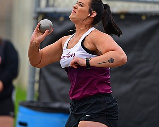 AUSTINTOWN, OHIO - APRIL 20, 2019: Boardman's Emily Carnahan throws during the girls shot put, Saturday morning during the Mahoning County Track & Field Championship Meet at Austintown Fitch High School. DAVID DERMER | THE VINDICATOR