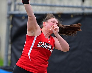 AUSTINTOWN, OHIO - APRIL 20, 2019: Canfield's Brianna Dunlap throws during the girls shot put, Saturday morning during the Mahoning County Track & Field Championship Meet at Austintown Fitch High School. DAVID DERMER | THE VINDICATOR