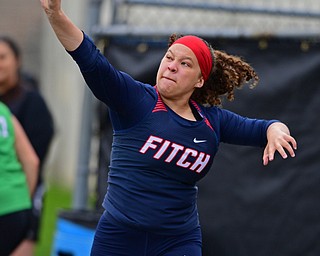 AUSTINTOWN, OHIO - APRIL 20, 2019: Fitch's Kylee Madison throws during the girls shot put, Saturday morning during the Mahoning County Track & Field Championship Meet at Austintown Fitch High School. DAVID DERMER | THE VINDICATOR