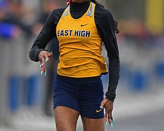 AUSTINTOWN, OHIO - APRIL 20, 2019: East's Jahniya Bowers runs to the finish line during the girls 100 meter dash during the Mahoning County Track & Field Championship Meet at Austintown Fitch High School. DAVID DERMER | THE VINDICATOR