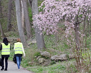 Staff members from the Geauga Trumbull Solid Waste District and others kicked off the Great American Cleanup by picking up trash along Veterans Memorial Riverwalk and near the log cabin and Trumbull County Veterans Memorial.