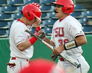 William D. Lewis the vindicator  YSU's Dylan Swarmer(36) gets congrats from Lucas Nasonti(1) after scoring during 8th inning of 4-23-19 game with OU.