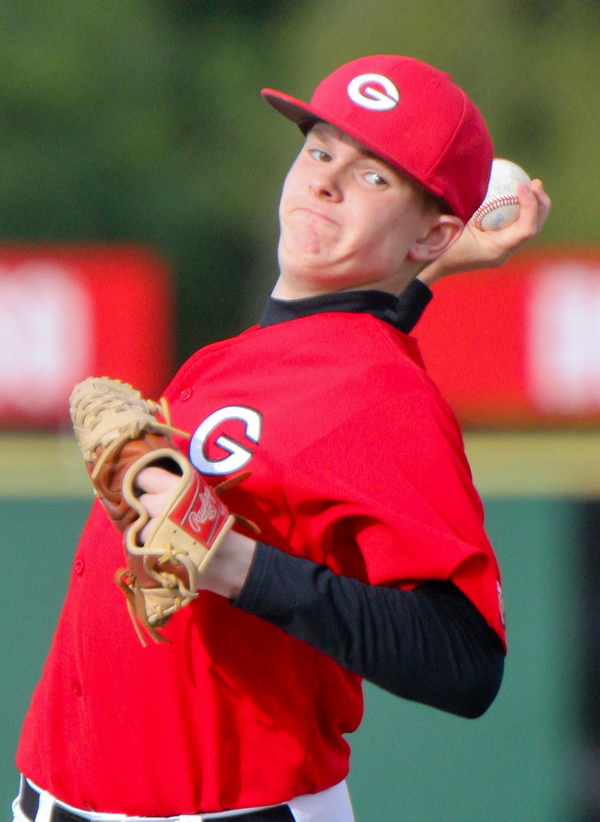 William D. Lewis The Vindicator  Girard pitcher Braydon Freeland(16) delivers during 4-24-19 game with Ursuline at Cene.