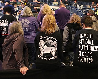 Protestors turned their backs as Michael Vick began speaking  the Mens Rally in the Valley on Saturday morning at the Covelli Center in downtown Youngstown.   Dustin Livesay  |  The Vindicator  4/27/19 Covelli Center