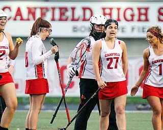 William D. Lewis the vindicator Reacting after their team defeated Boardman in 4-29-19 action at Canfield are from left:Angie Savach(2), Elena Martin(8) Karley D'Apolito)44), Mia Malvasi(27) and Grace Ramun(1).
