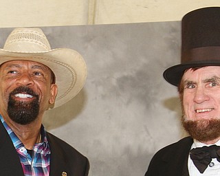 David A. Clarke Jr., a strong supporter of President Donald Trump and a former Milwaukee County [Wisc.] sheriff, was the keynote speaker at the Mahoning County Republican Party’s Lincoln Day dinner Tuesday. He is shaking hands with John W. King, who portrays Abraham Lincoln.  King is from Ashtabula County
