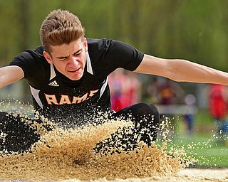 CORTLAND, OHIO - MAY 2, 2019: Mineral Ridge's Joshua Domitrovich competes during the boys long jump, Thursday afternoon during the Trumbull County Track Meet at Lakeview High School. DAVID DERMER | THE VINDICATOR