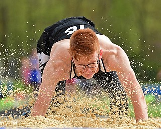 CORTLAND, OHIO - MAY 2, 2019: Mineral Ridge's Michael Collins competes during the boys long jump, Thursday afternoon during the Trumbull County Track Meet at Lakeview High School. DAVID DERMER | THE VINDICATOR