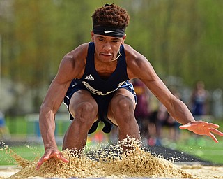 CORTLAND, OHIO - MAY 2, 2019: McDonald's Cam Tucker competes during the boys long jump, Thursday afternoon during the Trumbull County Track Meet at Lakeview High School. DAVID DERMER | THE VINDICATOR