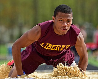 CORTLAND, OHIO - MAY 2, 2019: Liberty's Jovan Brown competes during the boys long jump, Thursday afternoon during the Trumbull County Track Meet at Lakeview High School. DAVID DERMER | THE VINDICATOR