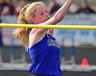 CORTLAND, OHIO - MAY 2, 2019: Lakeview's Emma Churley competes during the girls high jump, Thursday afternoon during the Trumbull County Track Meet at Lakeview High School. DAVID DERMER | THE VINDICATOR