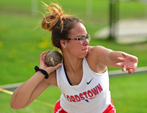 CORTLAND, OHIO - MAY 2, 2019: Lordstown's Alexis Weekley competes during the girls shot put, Thursday afternoon during the Trumbull County Track Meet at Lakeview High School. DAVID DERMER | THE VINDICATOR